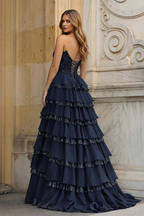 KissProm-Navy Blue Sweetheart A Line Sequined Lace Ruffled Long Prom Dresses With Appliques