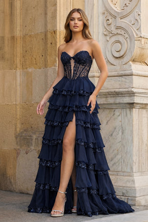 KissProm-Navy Blue Sweetheart A Line Sequined Lace Ruffled Long Prom Dresses With Appliques
