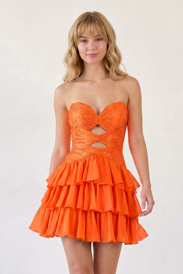 Orange Sweetheart Cut-Out Ruffled A-Line Satin Beaded Homecoming Dress | KISSPROM