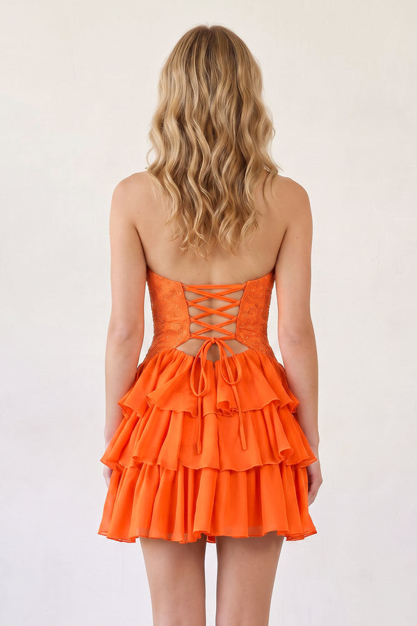 Orange Sweetheart Cut-Out Ruffled A-Line Satin Beaded Homecoming Dress (2) | KISSPROM