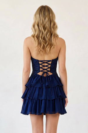 Navy Blue Sweetheart Cut-Out Ruffled A-Line Satin Beaded Homecoming Dress | KISSPROM