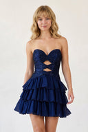 Navy Blue Sweetheart Cut-Out Ruffled A-Line Satin Beaded Homecoming Dress | KISSPROM