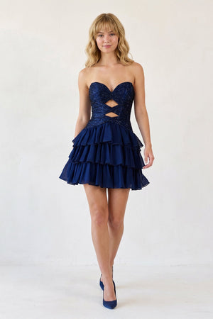 Navy Blue Sweetheart Cut-Out Ruffled A-Line Satin Beaded Homecoming Dress | KISSPROM