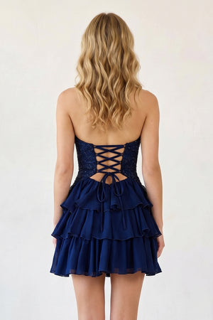Navy Blue Sweetheart Cut-Out Ruffled A-Line Satin Beaded Homecoming Dress - Kissprom