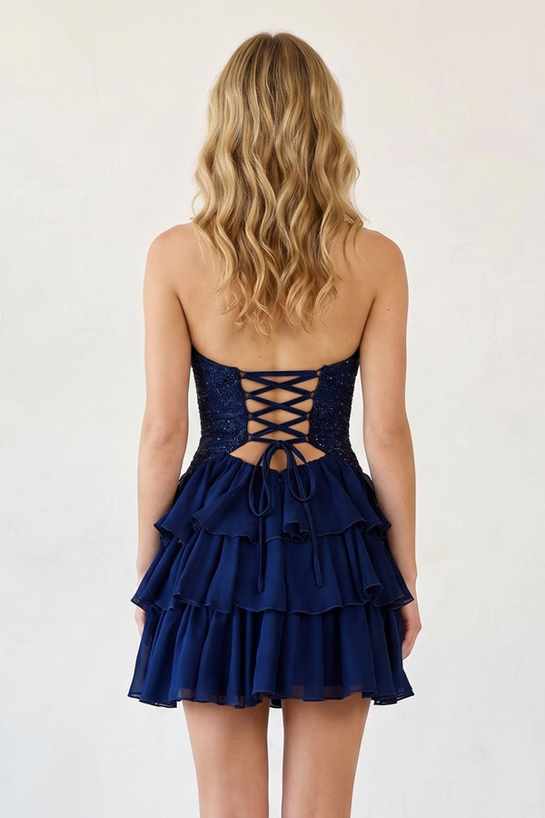 Navy Blue Sweetheart Cut-Out Ruffled A-Line Satin Beaded Homecoming Dress - Kissprom