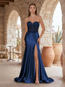 Navy Blue Sweetheart Mermaid Satin Long Formal Dress with Slit | KISSPROM