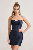 Navy Blue Sweetheart Satin Sheath Corset Homecoming Dress With Rhinestones | KISSPROM