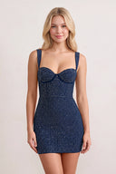 Navy Blue Sweetheart Satin Sheath Homecoming Dress with Rhinestones | KISSPROM