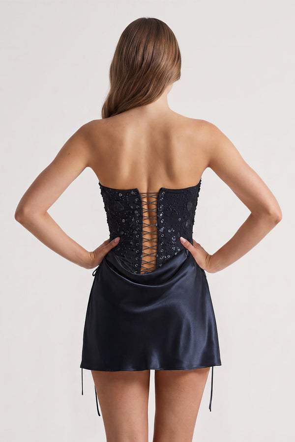 Navy Blue Sweetheart Sheath Corset Ruched Satin Homecoming Dress with Beading (4) | KISSPROM