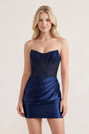 Navy Blue Sweetheart Sheath Satin Corset Ruched Mini Party Dress With Beading | KISSPROM
