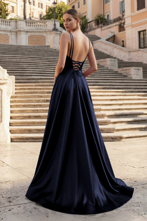 KissProm- Navy Blue V Neck A Line Satin Long Prom Dresses With Slit