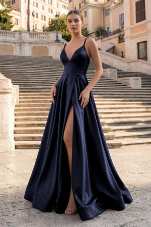 KissProm- Navy Blue V Neck A Line Satin Long Prom Dresses With Slit