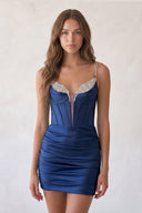 Navy Blue V Neck Bodycon Satin Short Homecoming Dress With Beadings | KISSPROM