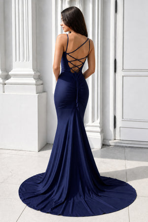Purple Spaghetti Straps Lace-Up Mermaid Long Formal Dress-KissProm