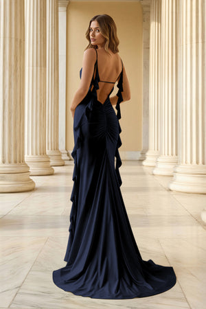 KissProm-Navy Blue Spaghetti Straps Mermaid Satin Ruffled Long Prom Dresses With Slit