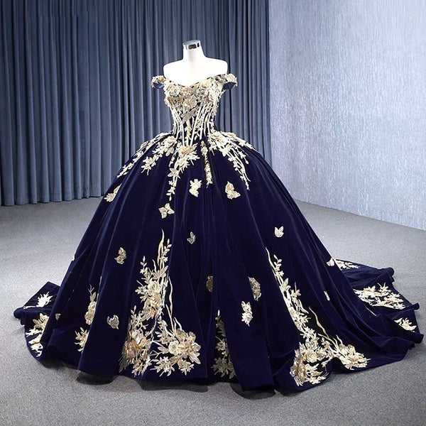 Navy Blue Velvet Quinceañera Dress With Train 3D Flower Appliques Ball Gown - KissProm