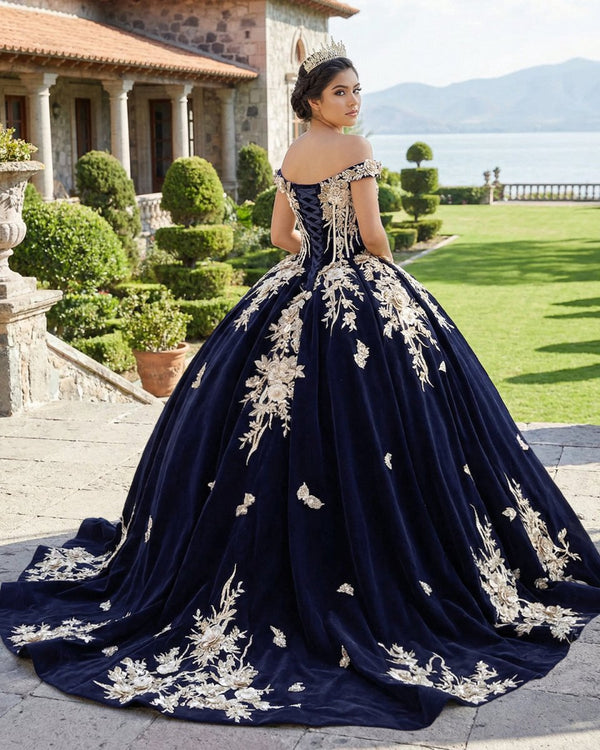 Navy Blue Velvet Quinceañera Dress With Train 3D Flower Appliques Ball