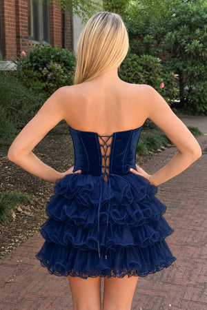 Navy Blue Velvet Sweetheart Ruffles Short Homecoming Dress (2) | KISSPROM