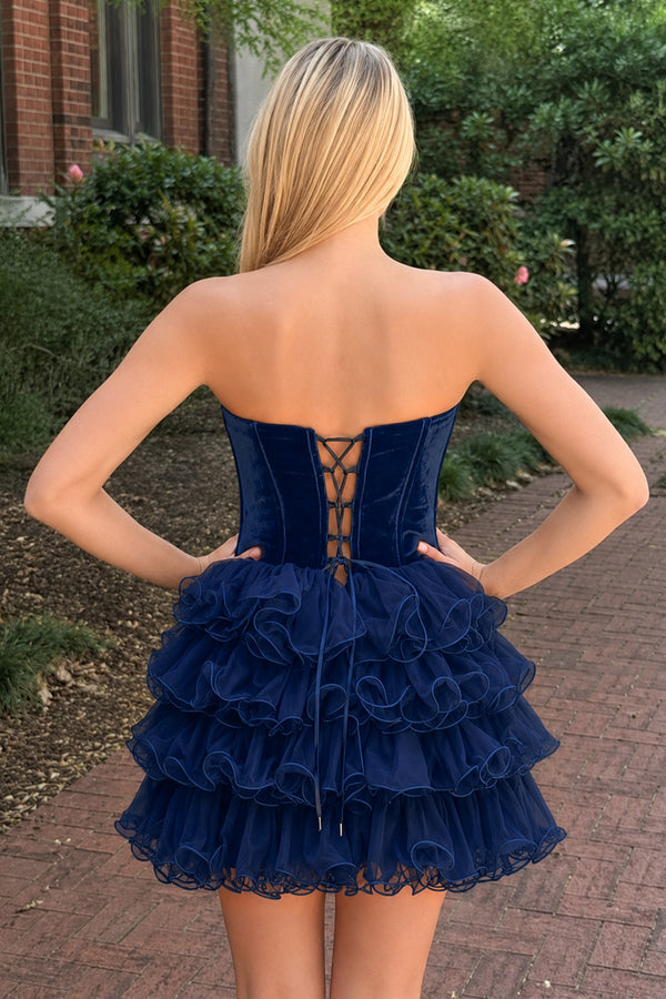Navy Blue Velvet Sweetheart Ruffles Short Homecoming Dress (2) | KISSPROM