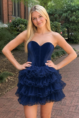 Navy Blue Velvet Sweetheart Ruffles Short Homecoming Dress | KISSPROM