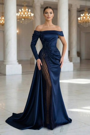 Sheath Off-The-Shoulder Long Sleeves Satin/Sequined Prom Dresses, Navy Blue / 2 Sheath Off-The-Shoulder Long Sleeves Satin/Sequined Prom Dresses, Navy Blue / 2
