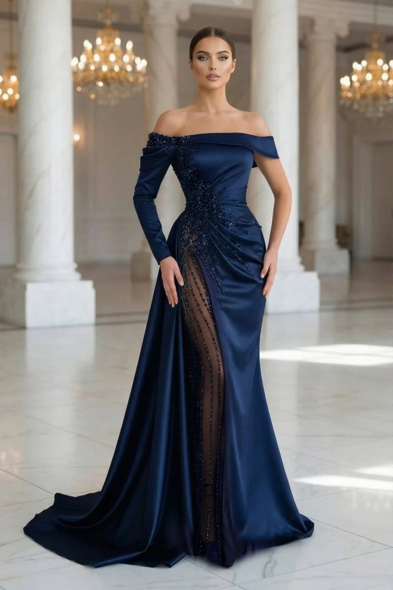 Sheath Off-The-Shoulder Long Sleeves Satin/Sequined Prom Dresses Sheath Off-The-Shoulder Long Sleeves Satin/Sequined Prom Dresses