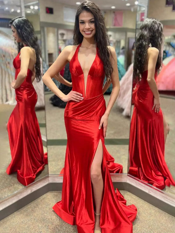 Josie | Navy Halter Corset Mermaid Plunging Deep V-neck Ruched Long Formal Dress with Slit