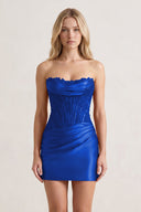 Royal Blue Strapless Appliqued Sheath Satin Corset Homecoming Dress -KISSPROM