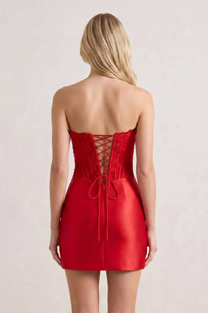 Red Strapless Appliqued Sheath Satin Corset Homecoming Dress - KISSPROM