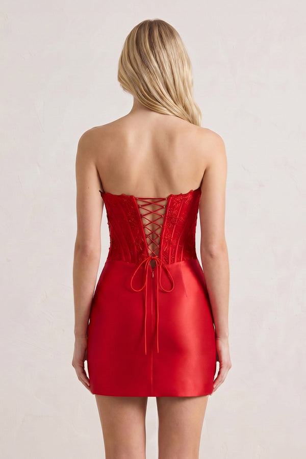 Red Strapless Appliqued Sheath Satin Corset Homecoming Dress - KISSPROM