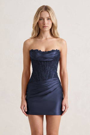 Navy Blue Strapless Appliqued Sheath Satin Corset Homecoming Dress -KISSPROM