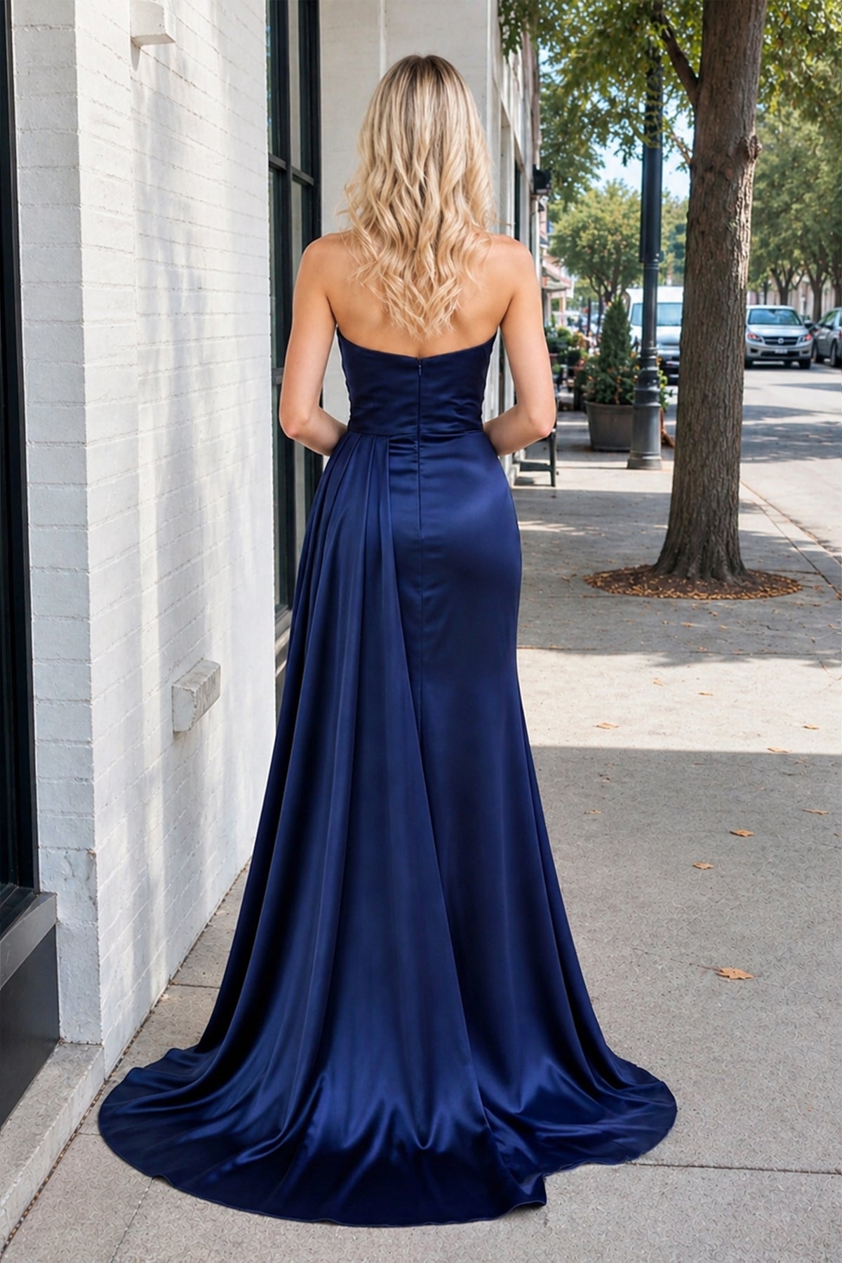 Mermaid Sweetheart Satin Prom Dress with Slit, Navy Blue / 4 Mermaid Sweetheart Satin Prom Dress with Slit, Navy Blue / 4