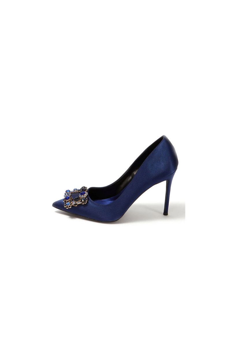 Navy Wedding Satin Pointed Toe Rhinestones Buckle Stiletto Heel Pumps - KissProm