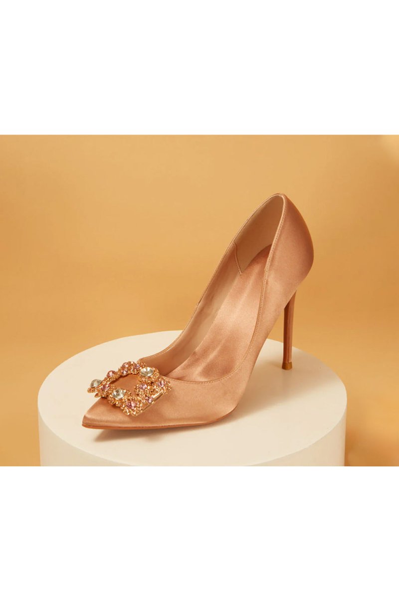 Navy Wedding Satin Pointed Toe Rhinestones Buckle Stiletto Heel Pumps - KissProm