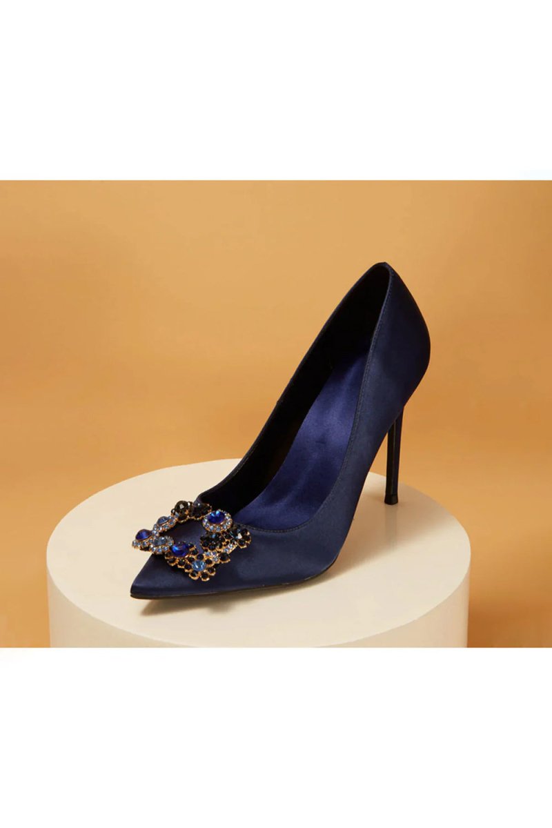 Navy Wedding Satin Pointed Toe Rhinestones Buckle Stiletto Heel Pumps - KissProm