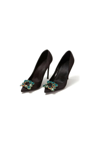 Navy Wedding Satin Pointed Toe Rhinestones Buckle Stiletto Heel Pumps - KissProm