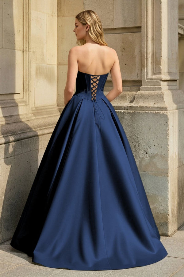 Navy Blue Strapless A Line Pleated Satin Long Prom Dresses With Flower - KissProm