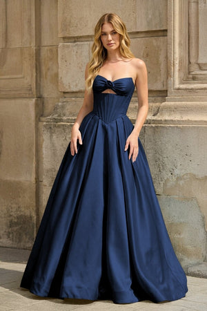 Navy Blue Strapless A Line Pleated Satin Long Prom Dresses With Flower - KissProm