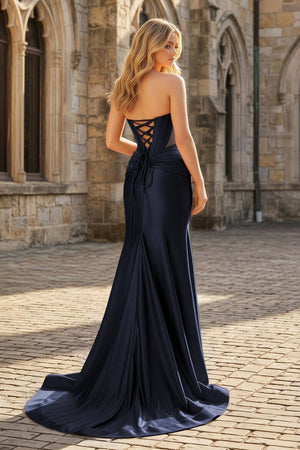 Navy Blue Strapless Mermaid Satin Beaded Long Prom Dresses With Slit - KissProm