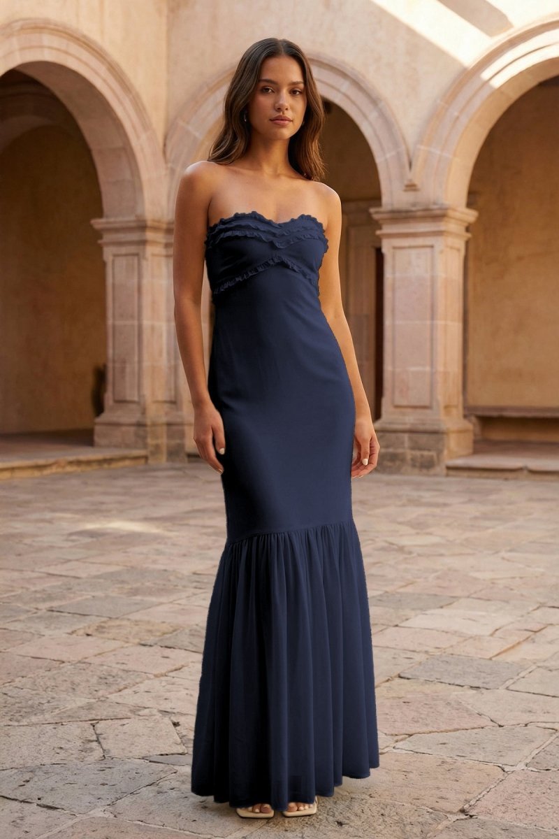 Yellow Strapless Sheath Chiffon Long Prom Dresses With Ruffles – Prom Dress by KissProm | Available at KissProm