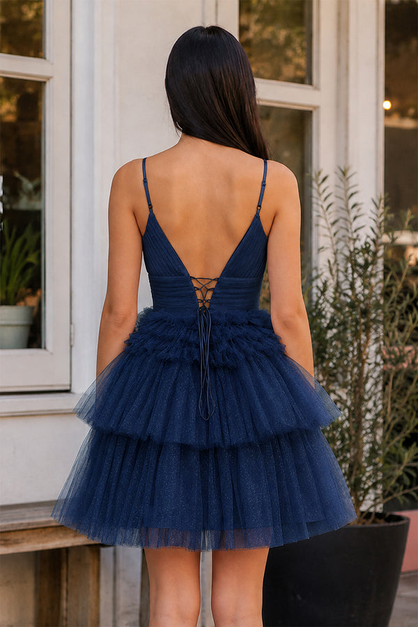 Layla | A-Line Deep V Neck Tiered Short Homecoming Dress