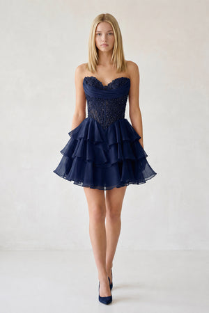 Navy Blue Ruffled A-Line Chiffon Sweetheart Corset Homecoming Dress With Beading - KISSPROM