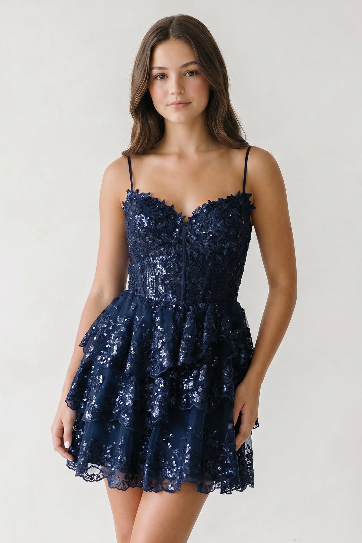 KissProm A- Line Sky Blue Sequins Multi-Layers Short Homecoming Dress, Blue / 4