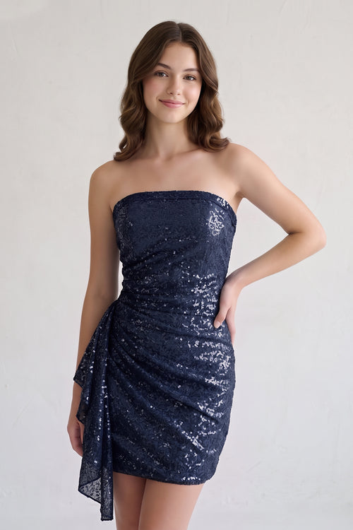 Navy Blue Strapless Sheath Sequins Mini Homecoming Dresses With Side Train | KISSPROM