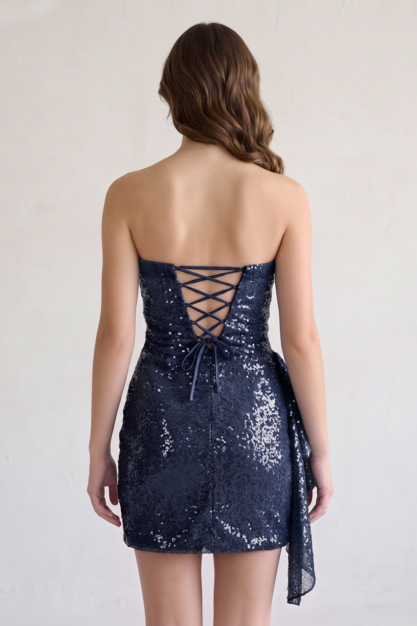 Navy Blue Strapless Sheath Sequins Mini Homecoming Dresses With Side Train | KISSPROM