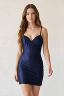 Navy Blue Bodycon V Neck Elastic Satin Short Homecoming Dresses with Beading - KISSPROM