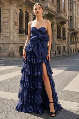 A-Line Sweetheart Sequin Ruffles Long Prom Dresses with Bow - KissProm