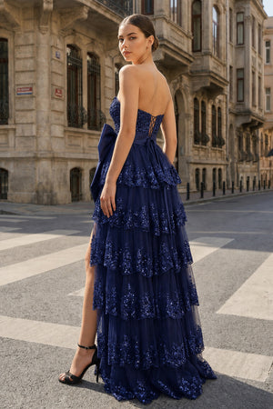 Sweetheart Light Blue Lace Appliques Ruffle Long Formal Gown - KissProm