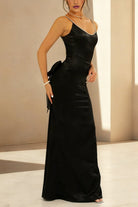 Naysia | Black - Mermaid Spaghetti Straps Satin Long Prom Dresses with Bowknot - KissProm