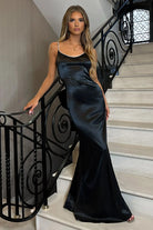 Naysia | Black - Mermaid Spaghetti Straps Satin Long Prom Dresses with Bowknot - KissProm